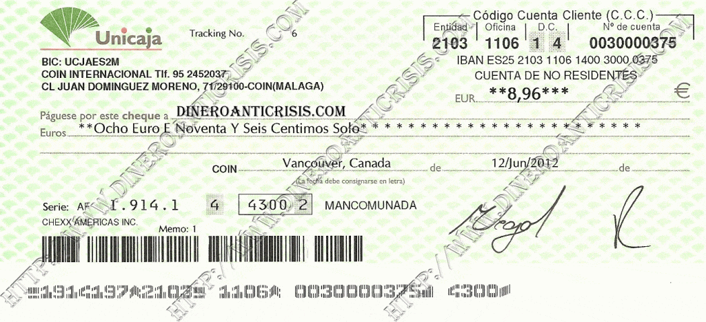 Cheque pagado por ACOP en Junio de 2012