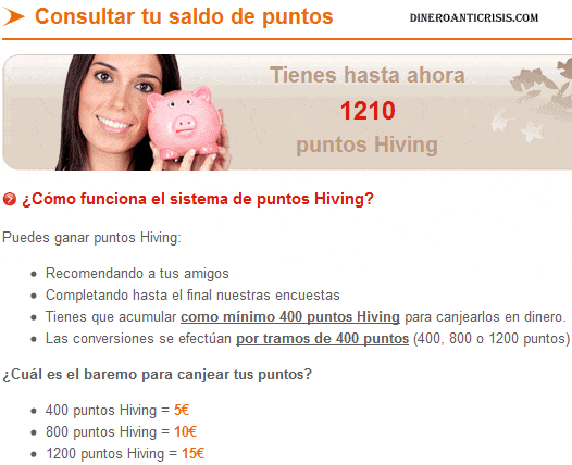 Puntos acumulados para canjear por dinero en Hiving España