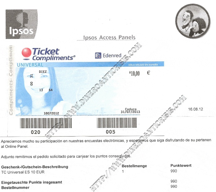 Ticket compliments de 10 euros recibido de Ipsos
