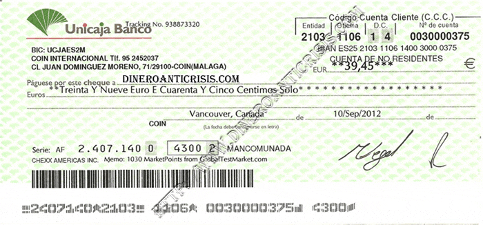 Cheque recibido de GTM desde Norteamérica