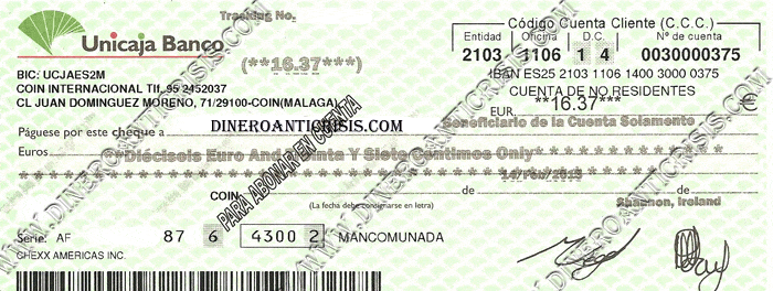 Nuevo cheque de ACOP recibido en España en 2013