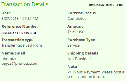 Comprobante de pago de Phdbux en Marzo de 2013