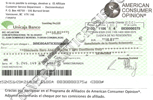 Pago recibido de ACOP mediante cheque enviado por correo postal