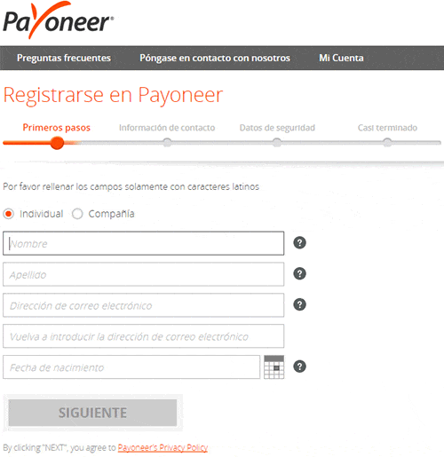 Creando una cuenta Payoneer